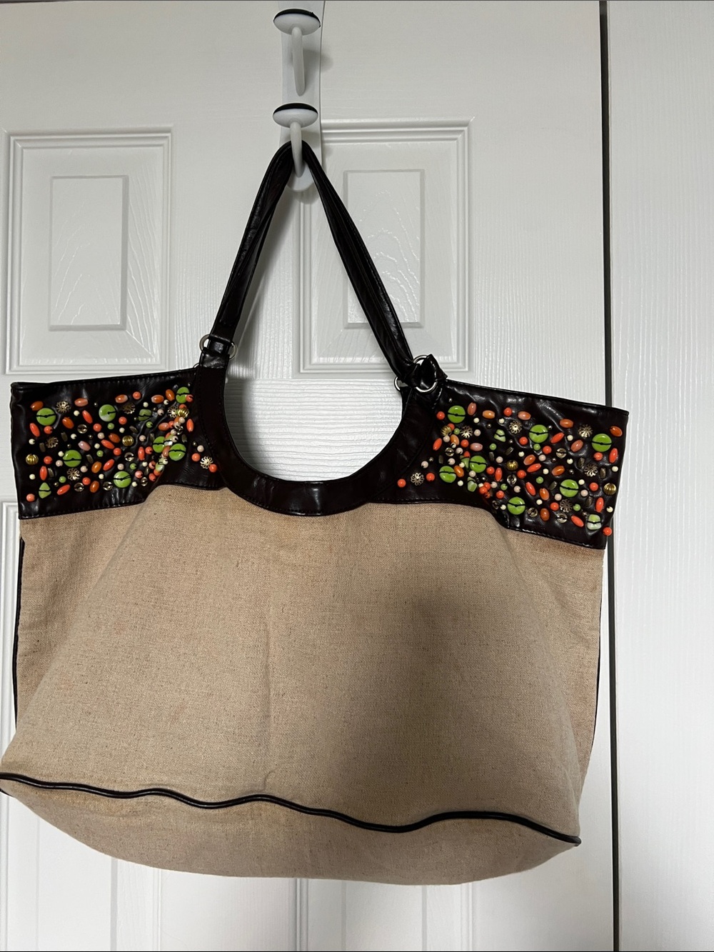 Beaded Accent Beige Canvas Tote Bag
